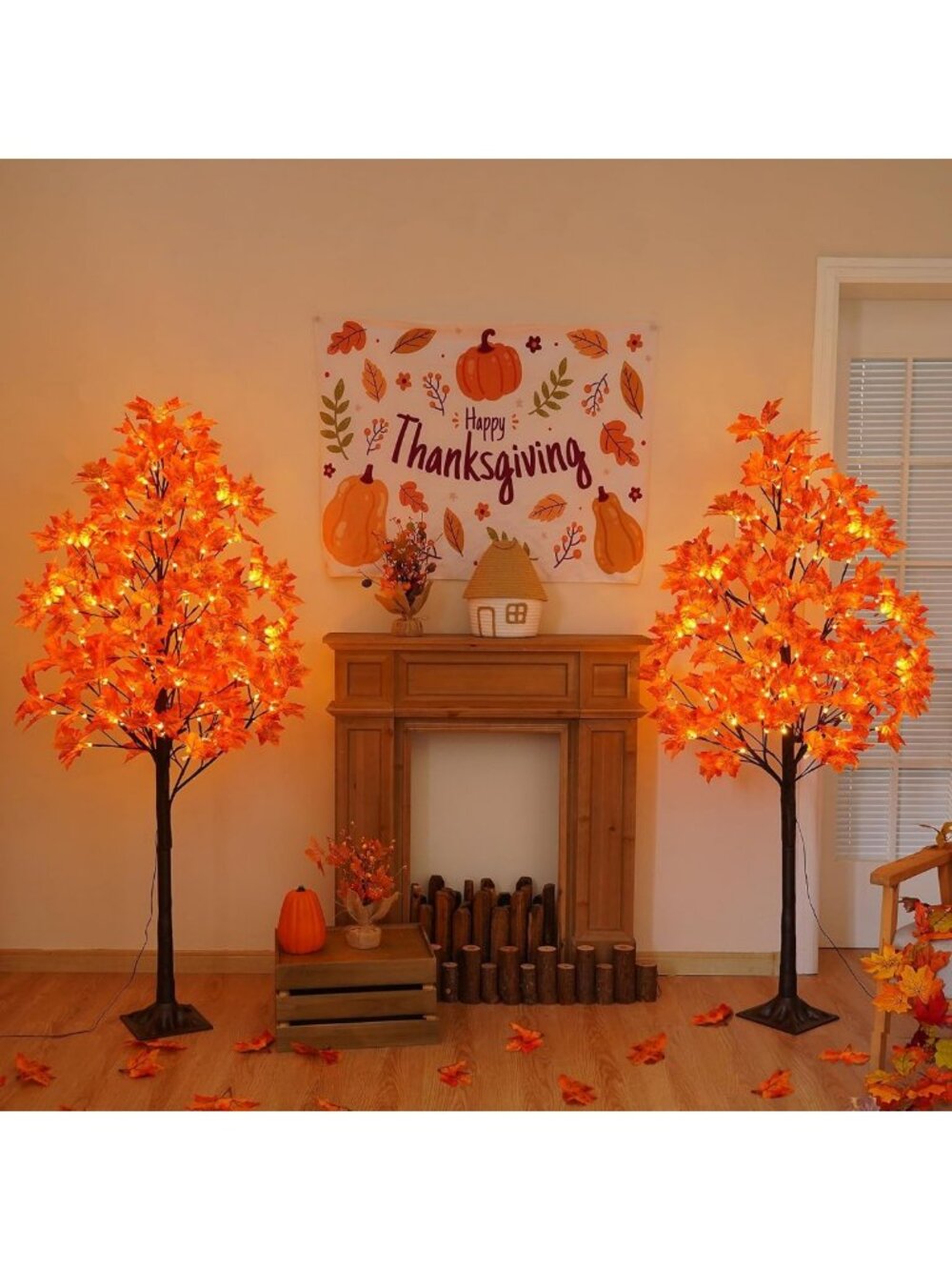 2 Pack 5FT Lighted Maple Trees with 96 LED & 192 Leaves - Fall Decor for Home